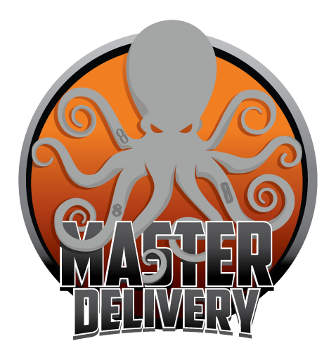 Logo featuring a gray octopus with curled tentacles on an orange background. The words MASTER DELIVERY are bold and layered over the lower part of the octopus.